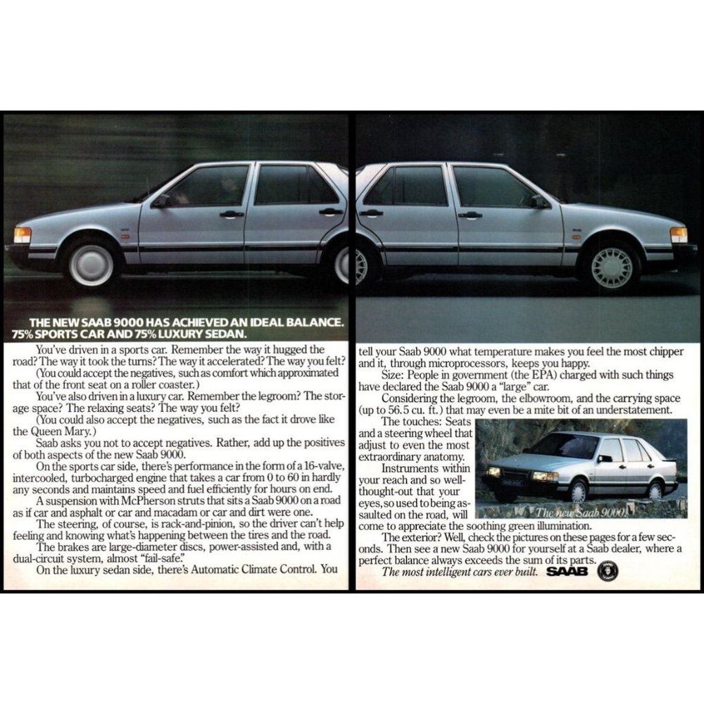 1986 Saab 9000 Sedan 2 Page Vintage Print Ad Back to Back Balance Wall Art